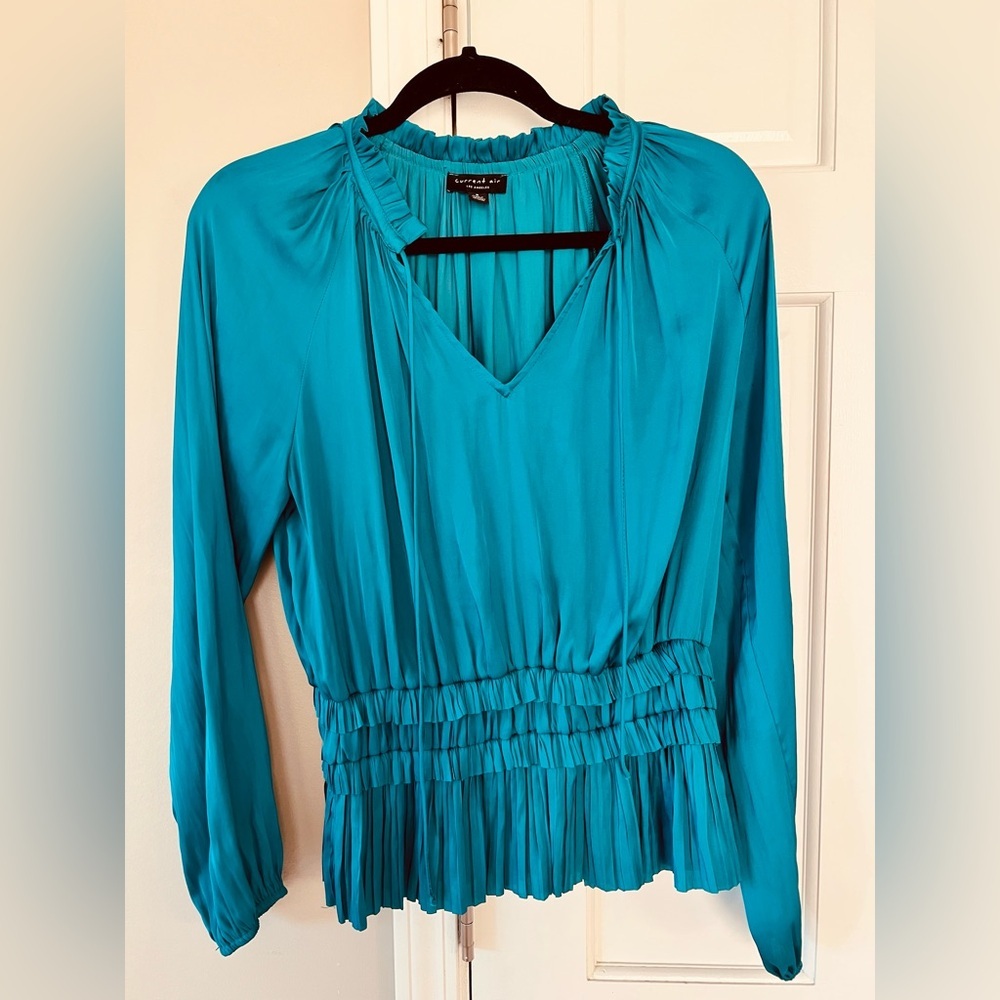 Current Air Anthropologie Satin Ruffle Pleated Cinch Waist Blouse Long Sleeve